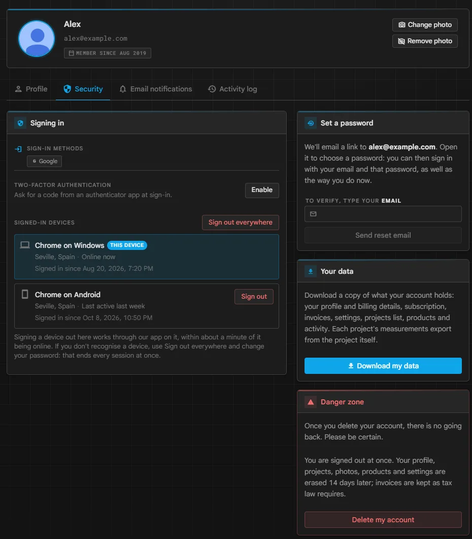 La pestaña Seguridad: métodos de acceso, contraseña, verificación en dos pasos y dispositivos con sesión iniciada