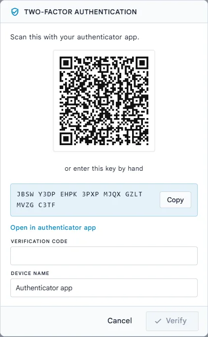 Configurar la verificación en dos pasos: el código QR, la clave y el código de verificación