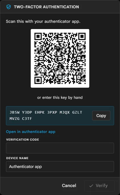 Configurar la verificación en dos pasos: el código QR, la clave y el código de verificación