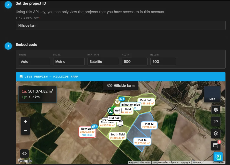 Intégrer une carte avec un projet choisi et l'aperçu en direct