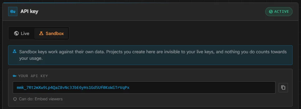 La section Clés d'API avec une clé sandbox, ce qu'elle peut faire et les boutons pour l'afficher et la copier