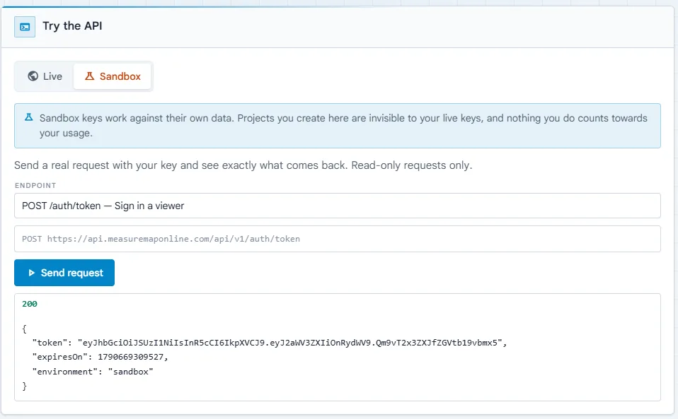 Раздел «Попробовать API» с отправленным запросом и его JSON-ответом