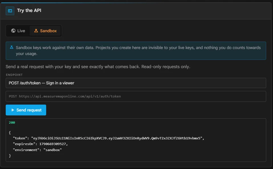 Раздел «Попробовать API» с отправленным запросом и его JSON-ответом