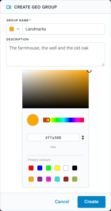 La ventana Crear Grupo de Geometrías con un nombre, una descripción y el selector de color abierto