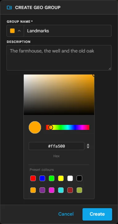 La ventana Crear Grupo de Geometrías con un nombre, una descripción y el selector de color abierto