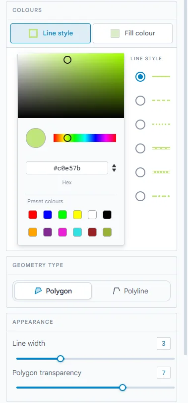 Die Karte „Farben“ eines Polygons mit geöffneter Farbauswahl für die Linie und den Linienstilen