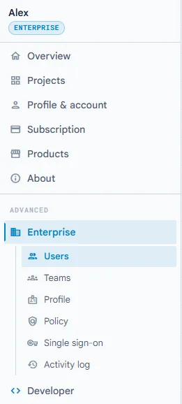 O menu do painel com a entrada Enterprise e as suas secções
