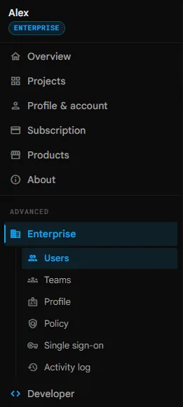 O menu do painel com a entrada Enterprise e as suas secções