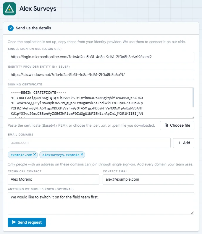 Étape 2 : les informations du fournisseur d'identité, les domaines de messagerie et le contact