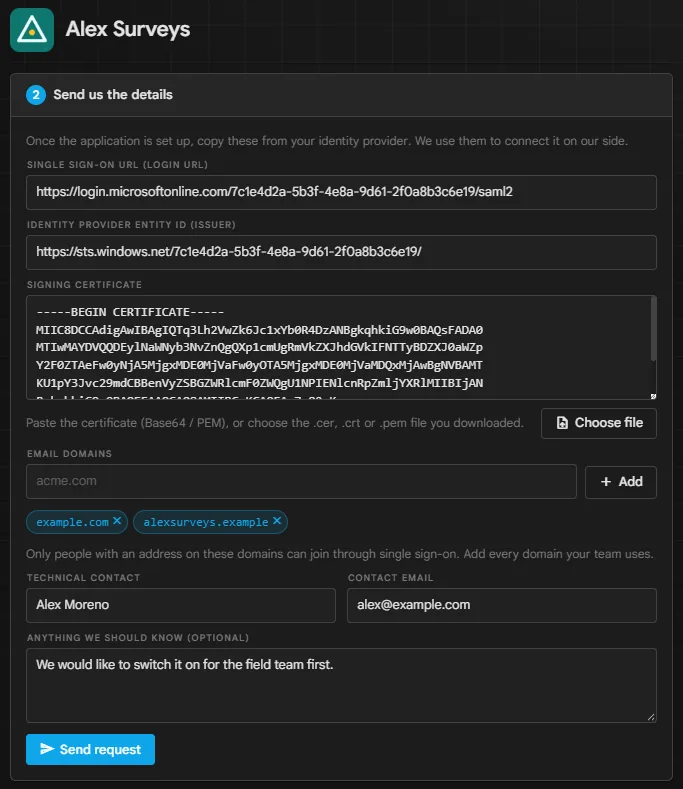 Étape 2 : les informations du fournisseur d'identité, les domaines de messagerie et le contact