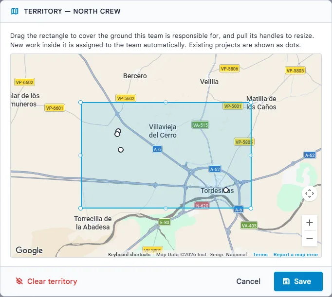Die Gebietskarte mit dem Rechteck des Teams über seinen Projekten