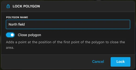 Der Dialog „Polygon sperren“ mit einem Namen und eingeschaltetem „Polygon schließen“