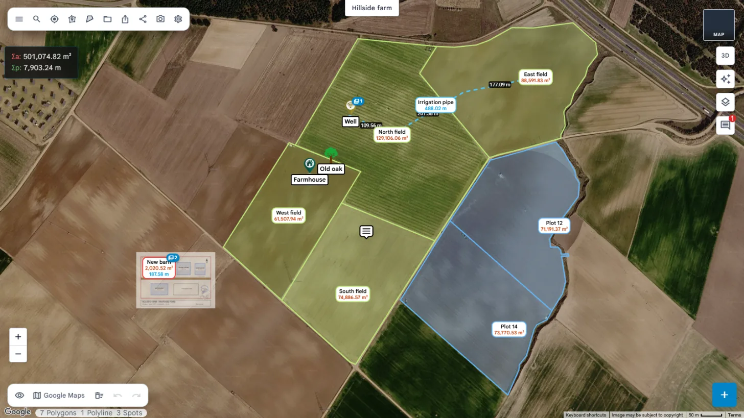 Un proyecto en el editor de mapas, con campos medidos y sus etiquetas