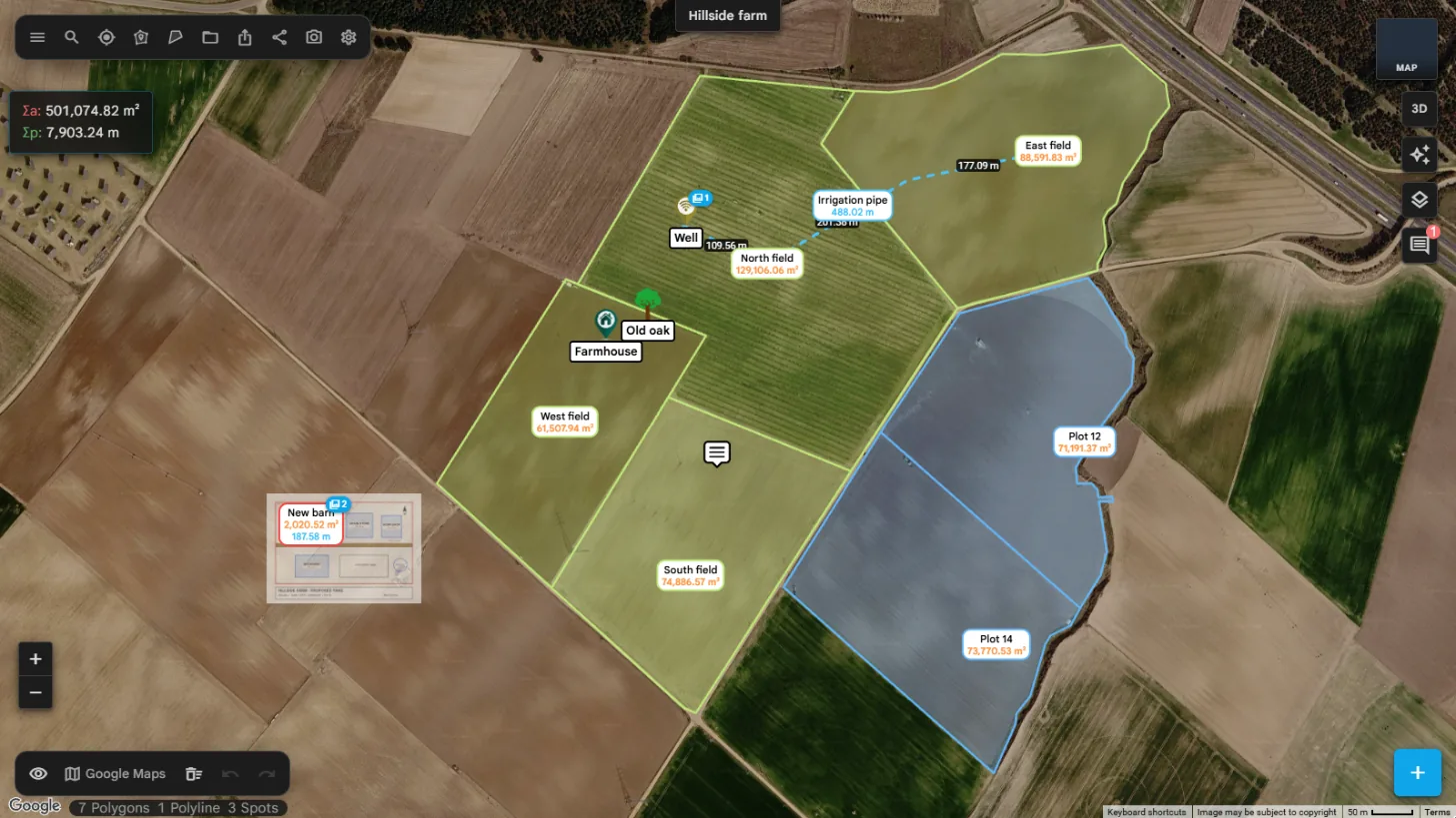 Un proyecto en el editor de mapas, con campos medidos y sus etiquetas