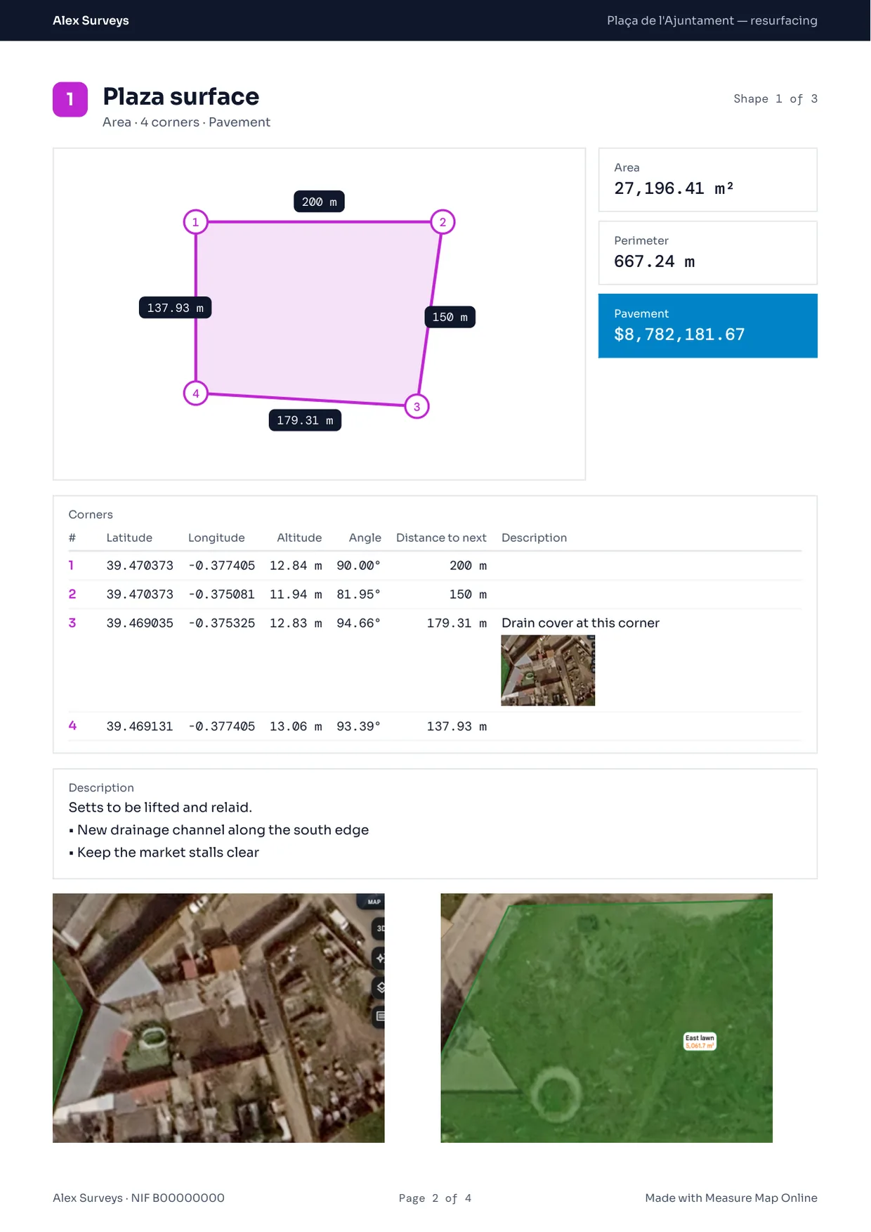 Uma página do relatório PDF com as medições de um polígono e as suas imagens