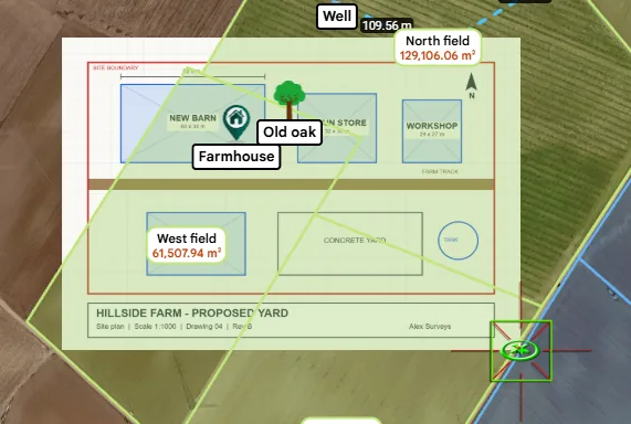 Menempatkan denah: gambar merentang antara sudut pertama dan crosshair