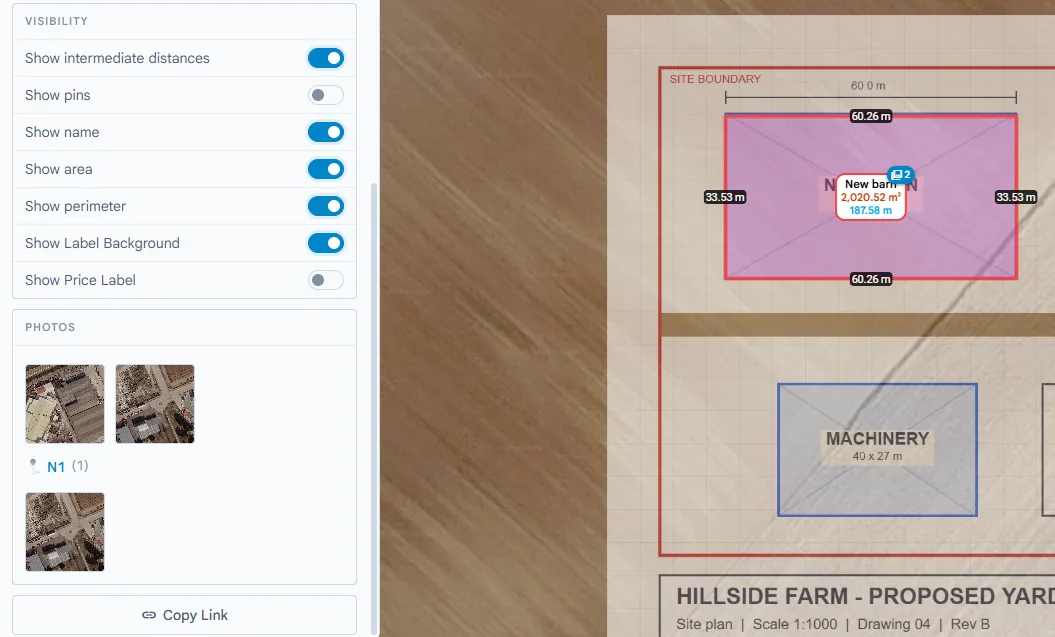 Das Panel eines Polygons mit seinen angehängten Bildern und dem Bildabzeichen auf der Karte