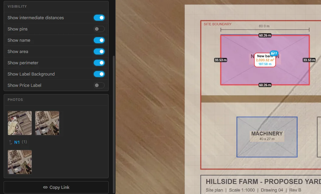 Das Panel eines Polygons mit seinen angehängten Bildern und dem Bildabzeichen auf der Karte