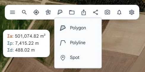 Das Menü „Fadenkreuzmodus“ mit Polygon, Polylinie und Spot