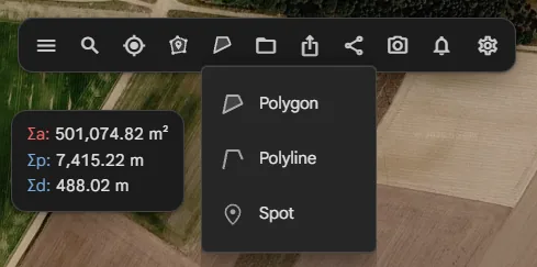 Das Menü „Fadenkreuzmodus“ mit Polygon, Polylinie und Spot