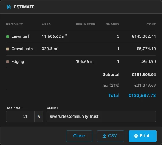 La ventana del presupuesto con tres productos, subtotal, impuesto y total