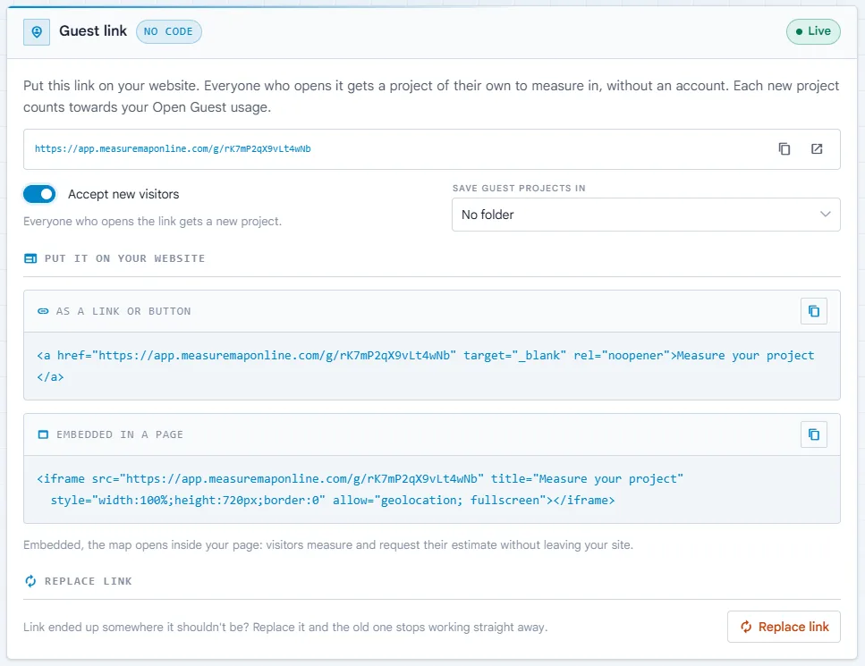 Der Abschnitt „Gastlink“ mit dem Link, dem Schalter, dem Ordner und dem Website-Code
