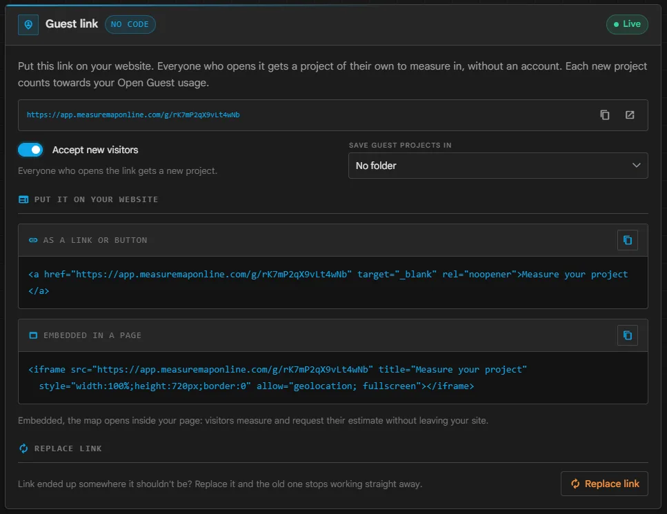 Der Abschnitt „Gastlink“ mit dem Link, dem Schalter, dem Ordner und dem Website-Code